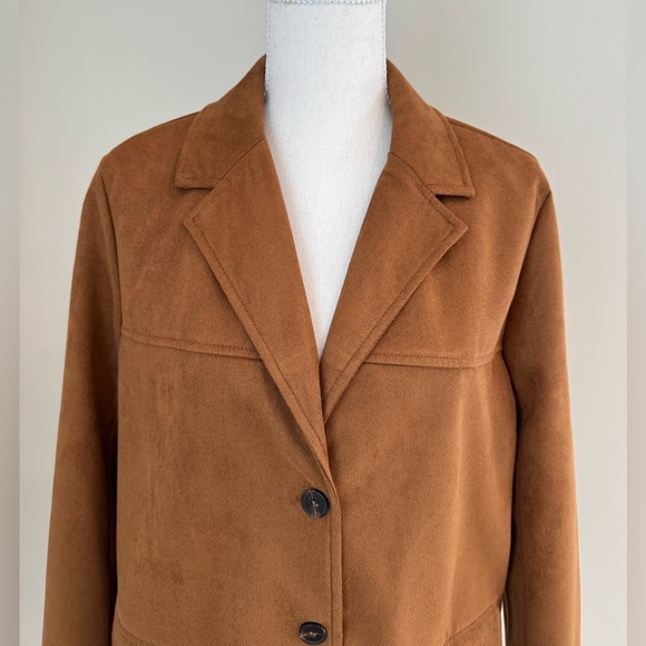 Faux Suede Brown Lapel Collar Button Up Oversized Jacket Blazer Small - Picture 4 of 14